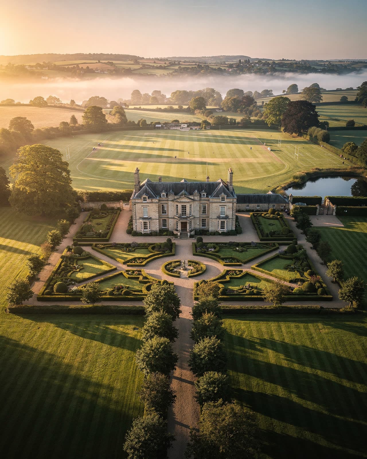 Aerial view of a Thames school estate at sunrise